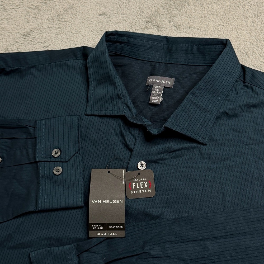 Van Heusen Mens Big & Tall 3XLT Galactic Blue Sateen Stretch Button Down Shirt